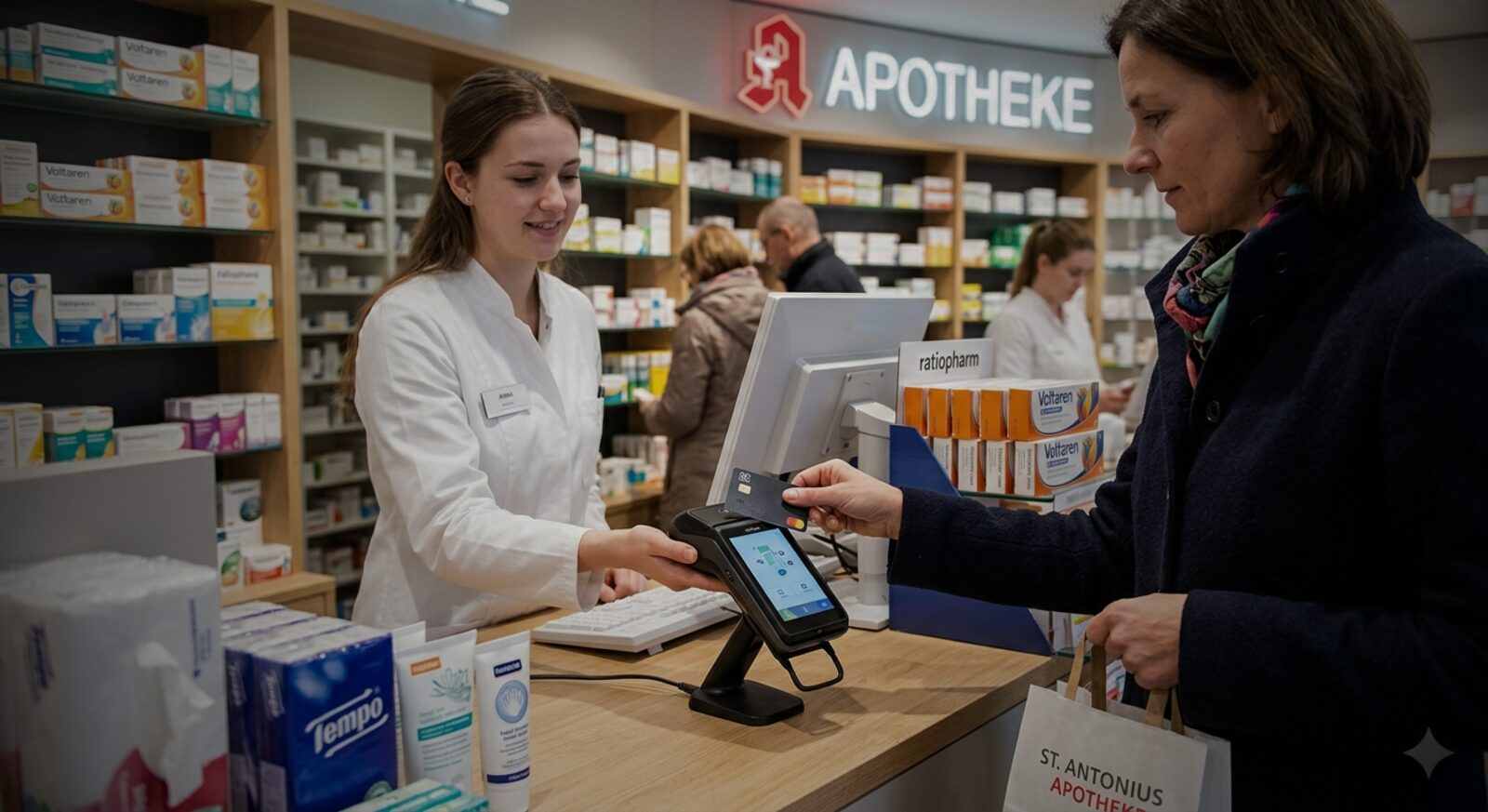 Kundin zahlt in der Apotheke kontaktlos mit Karte an einem modernen Terminal am HV-Tisch
