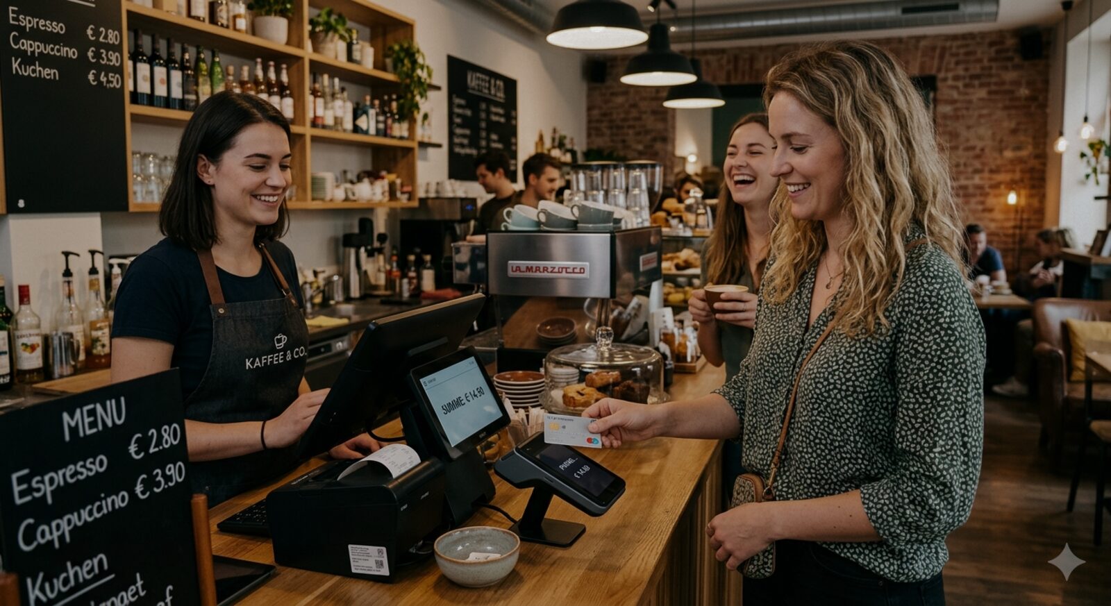 Gast zahlt kontaktlos an der Cafe-Theke an einem modernen Kassenterminal
